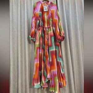 Pleated Multicolor Maxi Dress with Belt